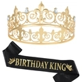 Golden rhinestone king crown with black Birthday King sash set for men birthday party - BIRTHDAY KING Black Gold (Iron Crown Style)