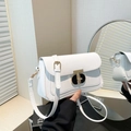 Minimalist white crossbody square bag with elegant golden T-shaped metal lock closure - White