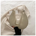 Detail of cream crescent shoulder bag with smooth faux leather and minimalist metal buckle - White