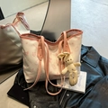 Minimalist printed tote bag in beige and pink with a cute rabbit plush pendant accessory - Pink With Pendant