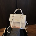 Glossy white faux leather satchel with golden Fashion lettering and metal studs - No Pendant / White
