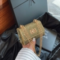 Sparkling gold sequin crossbody bag with rhinestone finish and metal chain strap - Gold