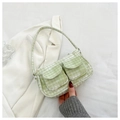 Detail of light green and white striped corduroy shoulder bag with two front flap pockets - Green