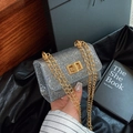 Chic silver sequin mini flap bag with gold chain strap and metallic twist lock - Silver