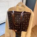 Retro dark brown tote bag with geometric floral patterns and dual shoulder straps - Style 1 Coffee