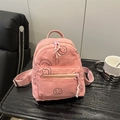 Mini mochila rosa de pana con estampado de carita sonriente y bolsillo frontal con cremallera - Rosa
