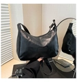 Detail of black glossy PU leather hobo shoulder bag with fashion decorative patch - Black