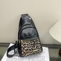 Chic black PU leather chest bag with vintage leopard print panel and gold metal zippers - Black
