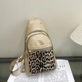 Chic leopard print patchwork chest bag in khaki beige faux leather with gold hardware - Khaki