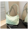 Minimalist mint green popcorn texture shoulder bag with soft pleated fabric and knot straps - Green