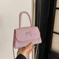 Sac à bandoulière rose pailleté avec nœud argenté et chaîne en métal pour femme - Rose