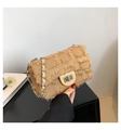 Light brown woven crossbody bag with frayed edges and silver chain strap details - Khaki