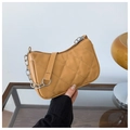 Detail of yellow quilted crossbody bag with silver chain and leather strap - Khaki