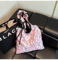 Borsa tote floreale con manici a pieghe neri e fiocchi in nastro in stile coreano - Fiore Rosa