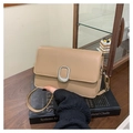 Minimalist khaki PU leather square crossbody bag with silver oval metal buckle - Khaki