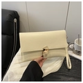 Cream PU leather envelope clutch with horizontal stripe embossing and gold geometric buckle - White