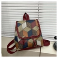 Multi-color geometric patterned crossbody bag with crocodile texture and woven red trim - Red