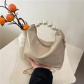 Chic beige half-moon pillow bag with faux pearl handle and gold chain strap - Khaki