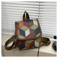 Women backpack with colorful 3D cube geometric pattern and brown braided leather detail - Brown