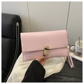 Pink envelope clutch bag with horizontal stripe texture and golden buckle handheld view - Pink