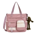 Rosa Patchwork-Canvas-Tasche mit Multifunktionstaschen und Frosch-Anhänger Dekor - Rosa