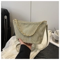 Detailed view of pale green ruched fabric texture and gold chain strap on handbag - Green Without Pendant