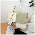 Modische minimalistische beige-grüne Patchwork-Umhängetasche mit rundem Griff - Grün