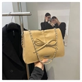 Fashionable khaki pleated crossbody bag with a large bow and silver chain strap - Khaki