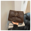 Dark coffee brown shoulder bag with pleated faux leather and bow detail on the metal clasp - Coffee