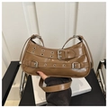 Sac baguette marron en cuir PU rétro avec double boucle de ceinture et œillets punk - Marron