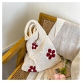 Sac fourre-tout chic en crochet beige avec broderie florale rouge et maille tissée - Blanc