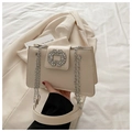 Beige faux leather shoulder bag with sparkling silver rhinestone square buckle detail - White