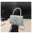 Dettaglio borsa a mano vintage azzurra in pelle oliata con fibbia dorata e manico - Bianco