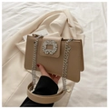 Brown faux leather crossbody bag with sparkling square rhinestone buckle and chain strap - Khaki