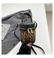 Chic leopard print cylindrical bucket bag with black leather accents and dual zippers - Leopard Print Black