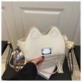 White leather cat-ear shaped crossbody bag with plush bear charm and lace strap - White With Pendant