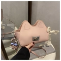 Pink cat-ear crossbody bag with lace bow and plush bear charm detail shown - Pink With Pendant