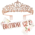 Set corona di cristallo oro rosa e fascia in raso floreale Birthday Girl - Set Oro Rosa Floreale Birthday Girl