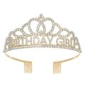 Golden Birthday Girl tiara with rhinestones and heart design featuring side combs - Gold White Zirconia