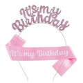 Set d'anniversaire rose avec serre-tête pailleté et écharpe satinée It's my Birthday - Ensemble Satin Rose