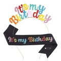 Serre-tête doré et écharpe noire scintillante avec lettrage coloré It's My Birthday - Ensemble Pailleté Noir Multicolore