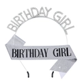 Set de Birthday Girl plateado con tiara de strass y banda de purpurina brillante - Conjunto Plateado Letras Negras