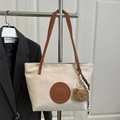 Chic off-white nylon tote bag with brown straps and cute bear charm for daily commute - Large / With Pendant / White