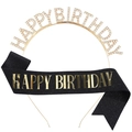 Ensemble serre-tête Happy Birthday strass doré et écharpe pailletée noire fête - Ensemble Noir et Or