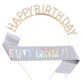 Set écharpe scintillante Happy Birthday et bandeau en strass pour fête d'anniversaire - Ensemble Holographique Argent