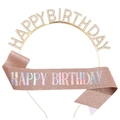 Golden Happy Birthday rhinestone headband with rose gold glitter sash party set - Rose Gold Holographic Set