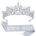 Birthday Queen Set mit silberner Straßkrone und hellblauer Glitzerschärpe für Partys - Einheitsgröße / Silber