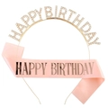 Sparkling Happy Birthday tiara and pink satin sash set for elegant party decorations - Satin Fabric Set