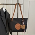 Black nylon tote bag with brown leather straps and a cute teddy bear charm - Large / With Pendant / Black