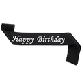 Elegante zwarte satijnen Happy Birthday sjerp met witte letters voor verjaardagsfeestjes - Zwart Met Zilveren Letters